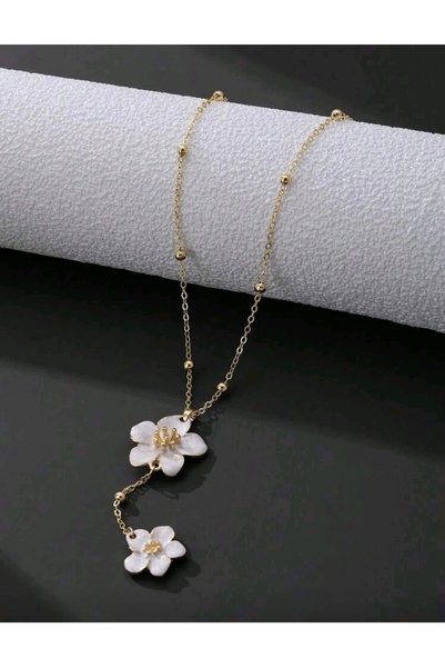 EKİDORA Women's Gold Ecru Flower Figured Y Model Necklace with Enamel Steel Look Jewelry