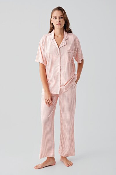 Artış Short Sleeve Buttoned Pocketed Gingham Cotton Pajama Set