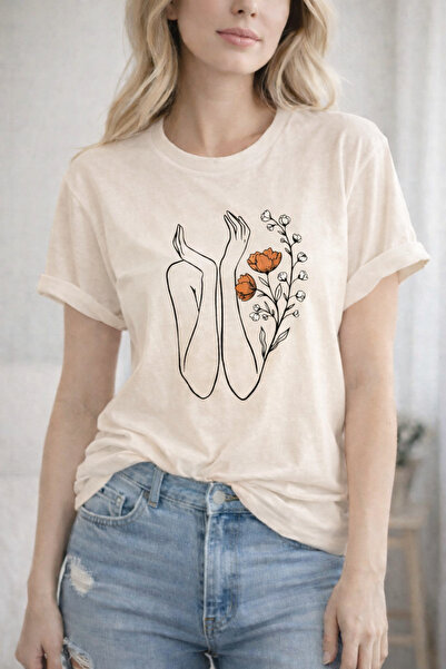 ArtYus Flower and Hands Printed Cotton Relaxed Fit Round Neck Unisex T-Shirt