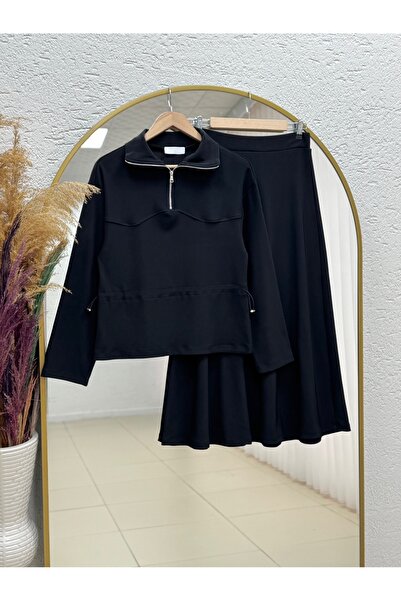 MİHRA STORE Suna Beli Tunnel Half Zipper Skirt Suit-As103 Black