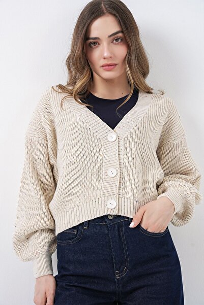 Hiccup Bdart Buttoned Ribbed Patterned Short Cardigan