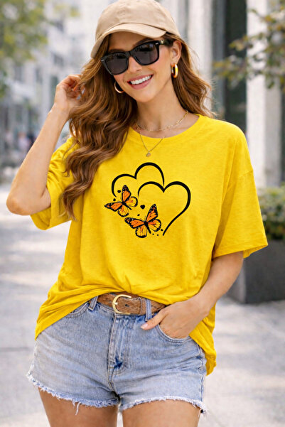 ArtYus Heart and Butterfly Printed Cotton Relaxed Fit Round Neck Unisex T-Shirt