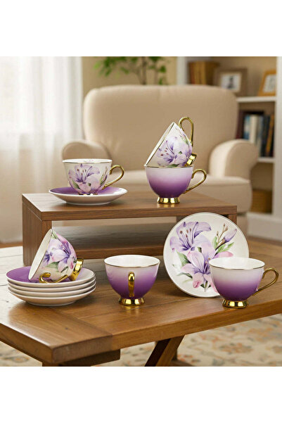 Trendmiya طقم من 6 فناجين قهوة بنفسجية مزينة بالزهور وتفاصيل ذهبية