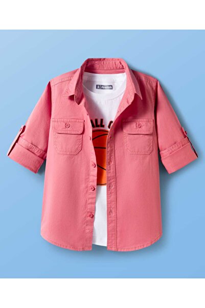 Pine kids Cotton Woven Full Sleeves Solid Shirt with Text Printed T-Shirt - W...