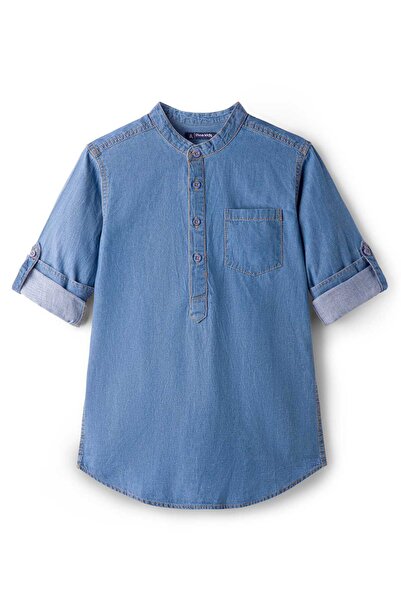 Pine kids Woven Full Sleeves Washed Mandarin Collar Denim Shirt - Blue