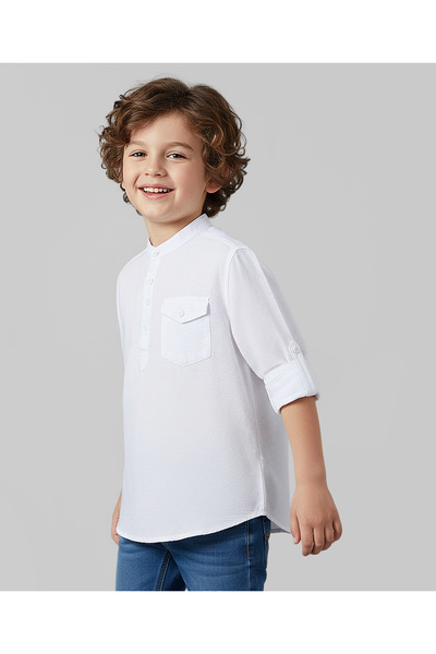 Pine kids Cotton Woven Full Sleeves Solid Color Kurta Style Shirt - White