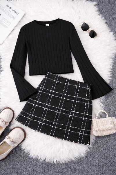 CINARIUM Kız Çocuk Ekose Kumaş Crop Bayramlık Gezmelik Şık Takım dar kalıp 1 ...