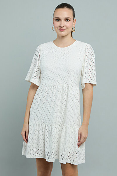 R&B Women's Cream Schiffli Tiered Dress with Crew Neck and Short Sleeves
