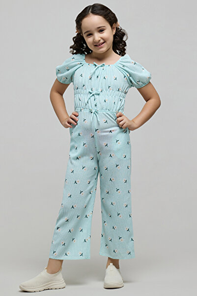 R&B Girl's Blue Printed Jumpsuit with Crew Neck and Puff Sleeves