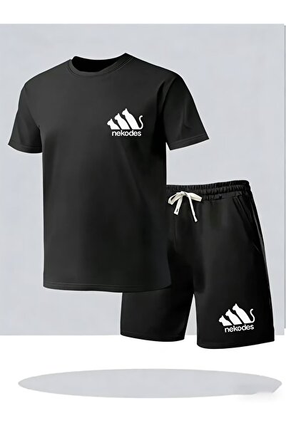 AEMİ Unisex Three Cats Printed Shorts Tshirt 2-Piece Top and Bottom Set