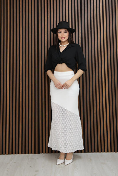 canzengın Asymmetrical Cut Lace Detailed Long Brown Skirt