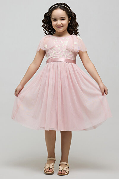 R&B Girl's Pink Embroidered Dress with Crew Neck and Flutter Sleeves