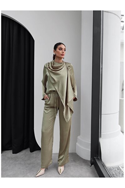 ESRAHELVACI Satin Shawl Blouse and Pants Set