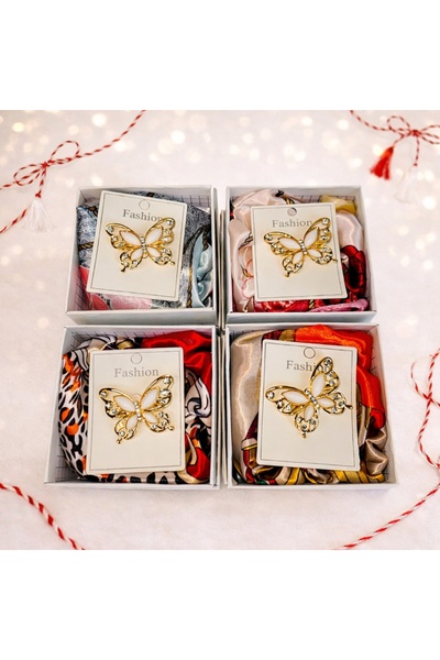 velve Pack of 4 gift sets with scarf and butterfly brooch, various designs