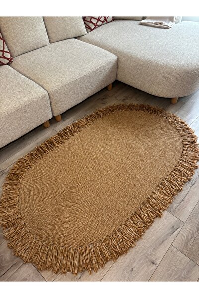 MaVaux Natura Burgu Halat, Hasır Örgü Yuvarlak Saçaklı Jüt Kilim Doğal El Yapımı