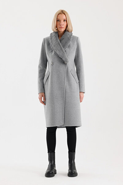 Zühre Fur Collar Pocket Detailed Cashmere Gray Coat 13092