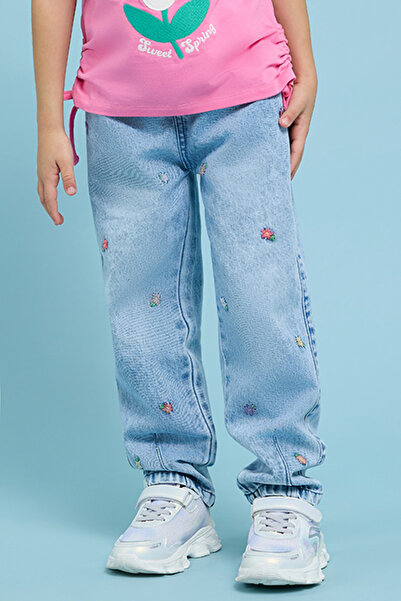 R&B Girl's Blue Embroidered Relaxed Fit Jeans with Elastic Waist