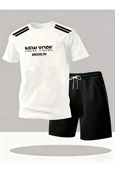 AEMİ Unisex New York Printed Shorts T-Shirt 2-Piece Top and Bottom Set