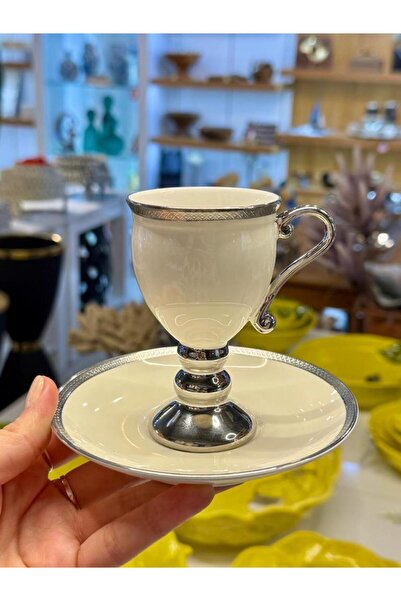 ACAR AYAKLI KREM-GÜMÜŞ 1 KİŞİLİK TÜRK KAHVESİ FİNCANI
