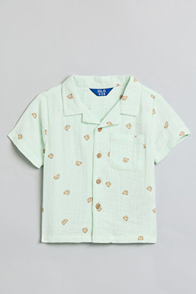 R&B Boy's Green Printed Shirt with Revere Collar and Short Sleeves