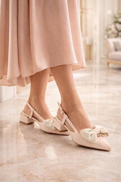 MODAONN Pantofi cu toc cu fundă și detalii aurii pentru femei