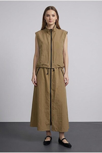 Quzu Pocketed Zipper Detailed Skirt Light Khaki