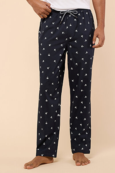 R&B بنطال رجالي أزرق داكن مطبوع بنقشة مميزة مع رباط عند الخصر