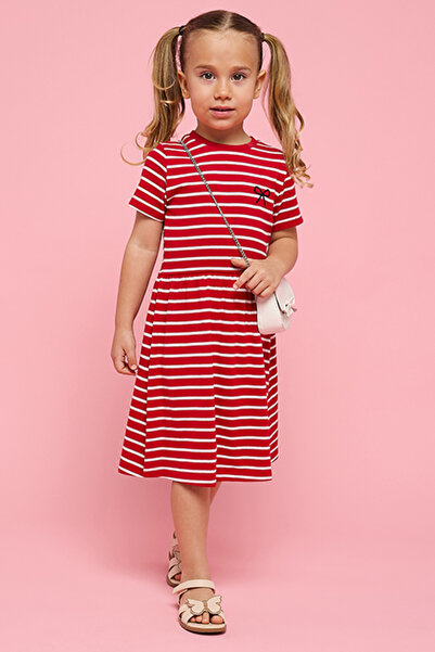 R&B فستان أحمر مخطط للبنات بقصة ضيقة من الأعلى وواسعة من الأسفل، بياقة دائرية...