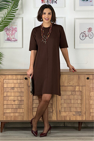 Nevin Kaya Moda Brown Plain Knitwear Dress