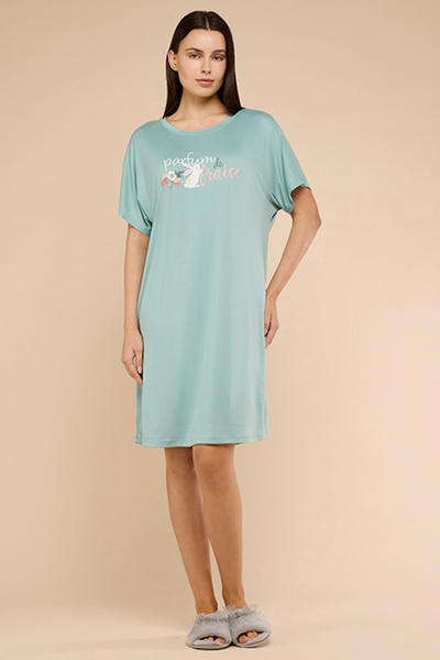 R&B Women's Green Printed Nightdress with Crew Neck and Short Sleeves