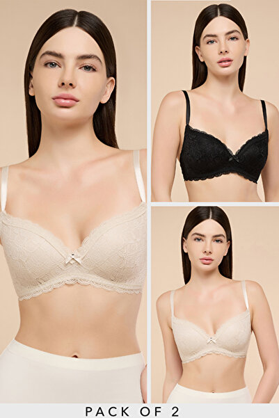 R&B Women's Beige 2 Pack Laced Non Wired T-Shirt Bras