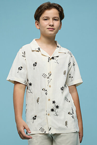 R&B Boy's Beige Embroidered Shirt with Revere Collar and Short Sleeves