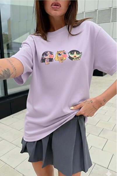 NO 601 Women's Lilac Ppg Printed Oversize Tshirt