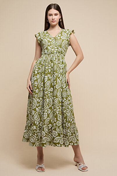 R&B Women's Green Printed Midi Dress with V-Neck and Short Sleeves