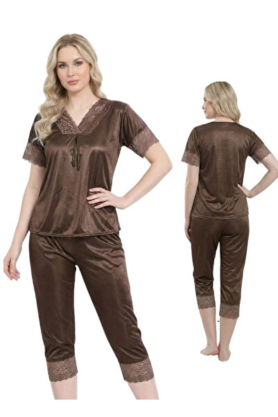 Comfort طقم بيجاما نسائي من الساتان بلون بني شوكولاتة، بنطال كابري، ملابس نوم...