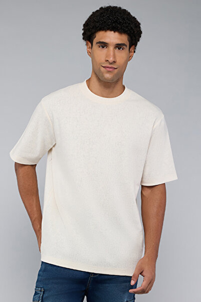 R&B Men's Cream Textured T-Shirt with Crew Neck and Short Sleeves