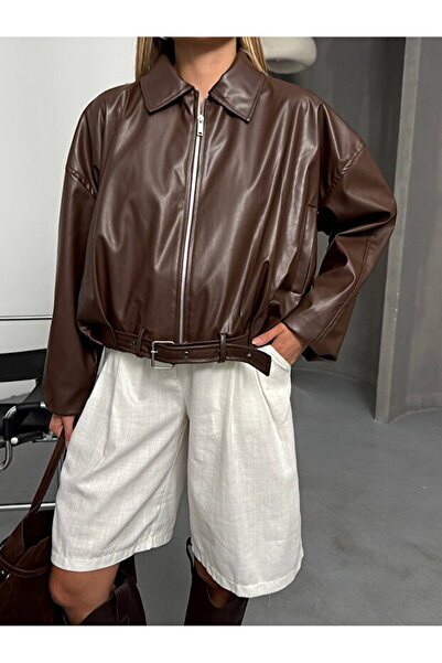 VESS MODA Oversized Leather Jacket with Belt Detail and Lining Inside