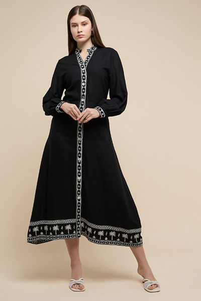 R&B Women's Black Embroidered Midi Dress with Mandarin Collar and Long Sleeves