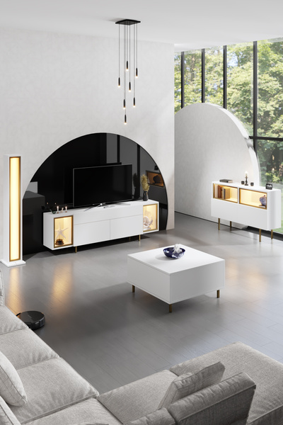 Modatte ZENİTH TV ÜNİTESİ RGB LED IŞIKLI GOLD DEMİR AYAKLI RAFLI DOLAPLI BEYAZ TV SEHPASI