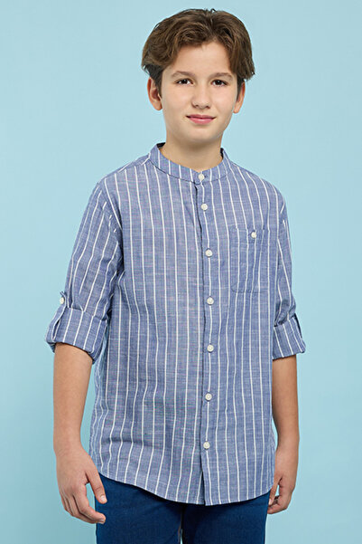 R&B Boy's Blue Striped Shirt with Mandarin Collar and Long Sleeves