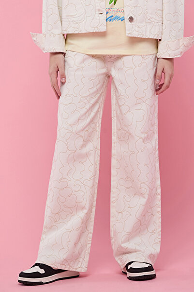 R&B Girl's White Printed Wide Leg Pants with Button Closure