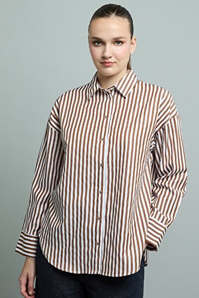 R&B Women's Brown Striped Shirt with Classic Collar and Long Sleeves