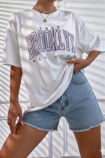 NO 601 Women's White Oversize Lilac Brooklyn Printed Tshirt