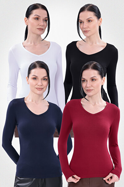 Yade Fashion V Yaka Uzun Kollu Kadın Body 4'lü Set