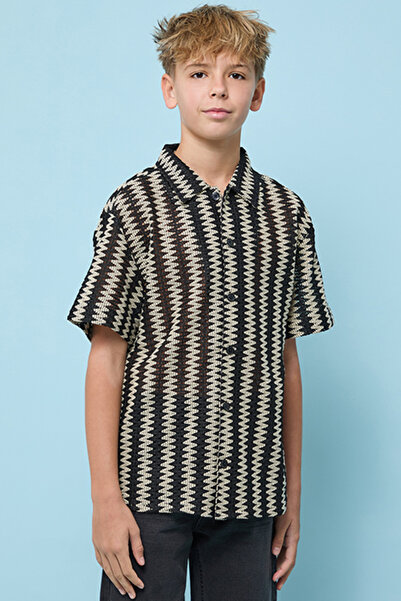 R&B Boy's Beige Patterned Shirt with Classic Collar and Short Sleeves