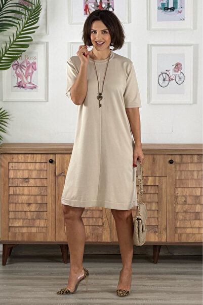 Nevin Kaya Moda Κρεμ Χρώμα Απλό Πλεκτό Φόρεμα