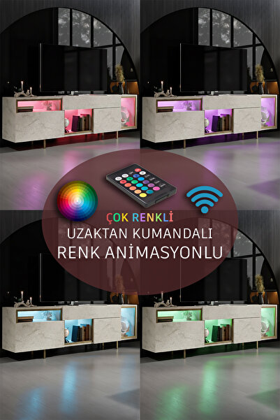 Modatte NORM TV ÜNİTESİ RGB LED IŞIKLI GOLD DEMİR AYAKLI RAFLI DOLAPLI TRAVERTEN TV SEHPASI