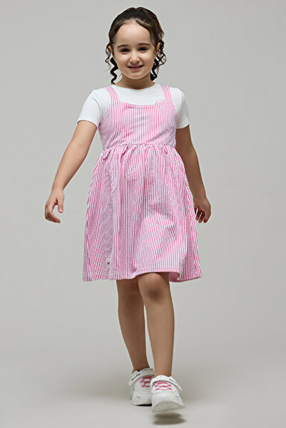 R&B طقم تيشيرت وردي سادة ومريلة مخططة للبنات