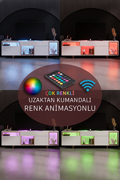 Modatte NORM TV ÜNİTESİ RGB LED IŞIKLI GOLD DEMİR AYAKLI RAFLI DOLAPLI BEYAZ TV SEHPASI