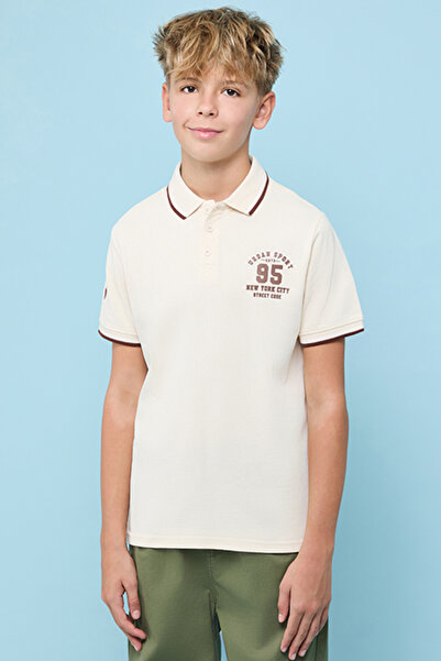 R&B Boy's Beige Printed Polo T-Shirt with Short Sleeves